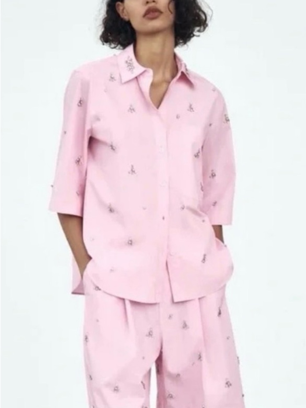 Zara Pink Cotton Button-Up Blouse | Rhinestones | 3/4 Sleeves | S | NWT - Picture 5 of 13